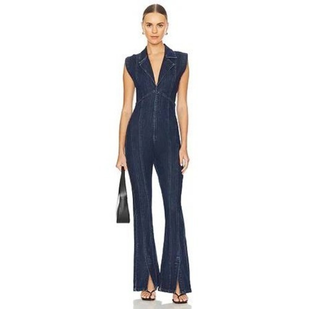 Free People We The Free CRVY High Roller Denim Flare Jumpsuit Medium Blue L